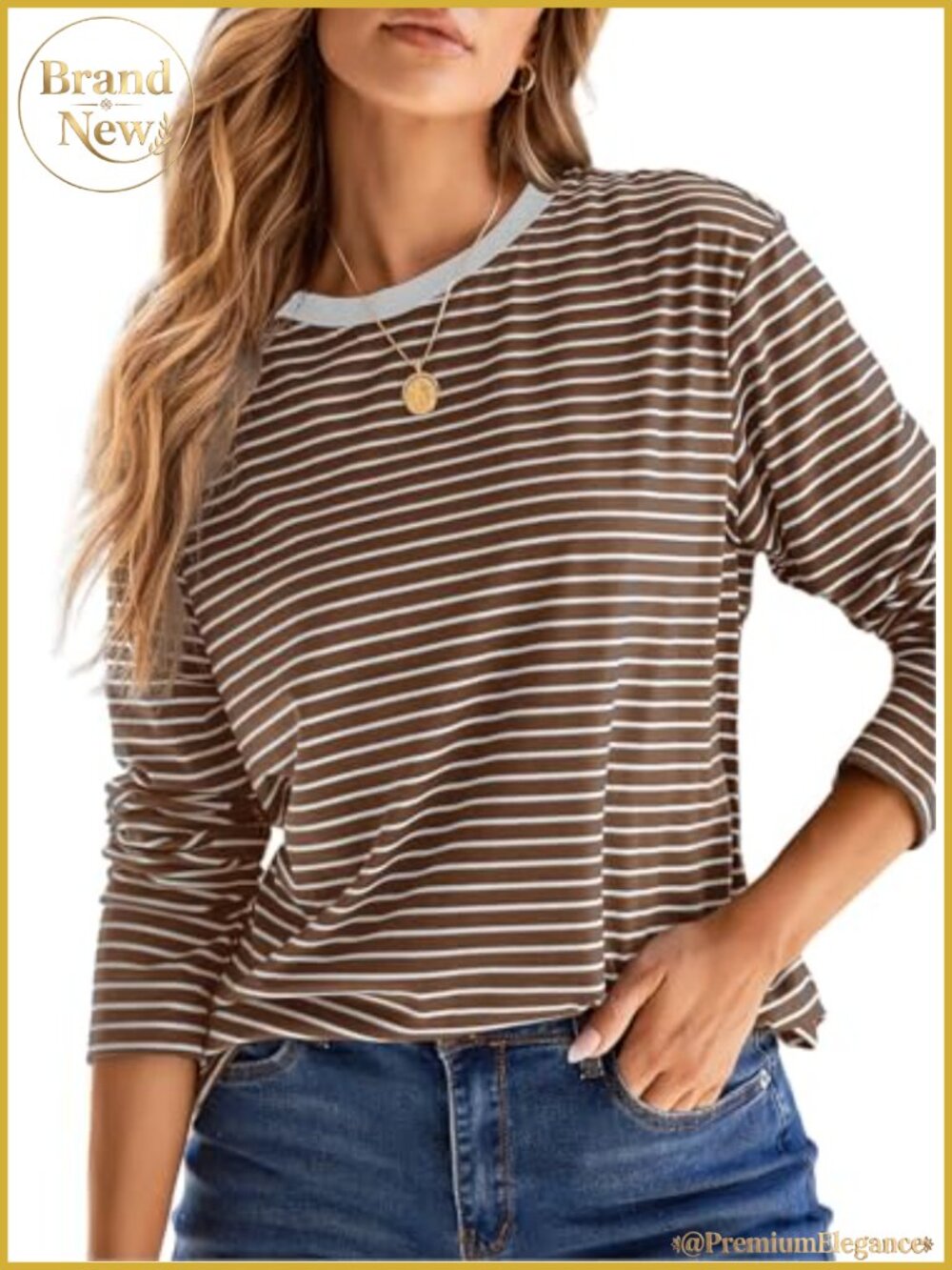 Striped Long Sleeve Crew Neck T-Shirt, Loose Fit Knit Tee, Stretchy